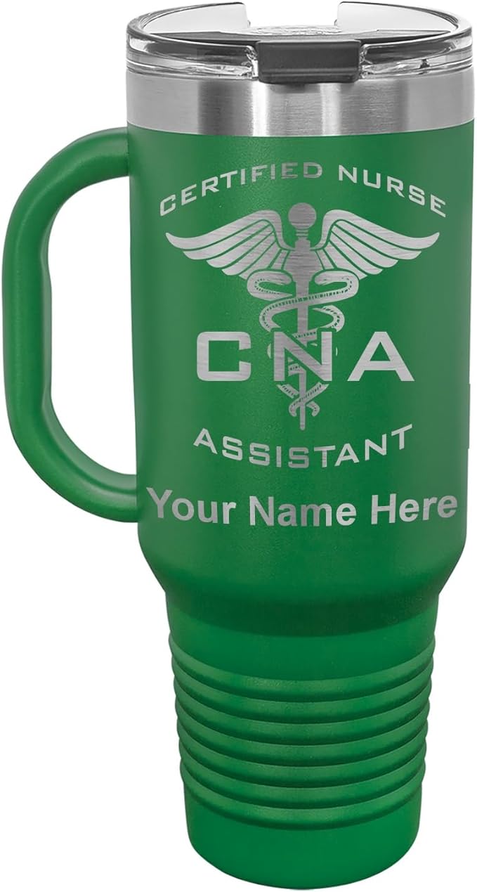 LaserGram 40oz Vacuum Insulated Travel Mug with Handle, CNA Certified Nurse Assistant, Personalized Engraving Included (Green)