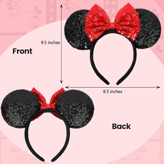 ETLUK Mouse Ears Headband, Mouse Ears Sequin Bow Headbands for Women Girls, Cosplay Accessories Party Decorations (Red Bow)