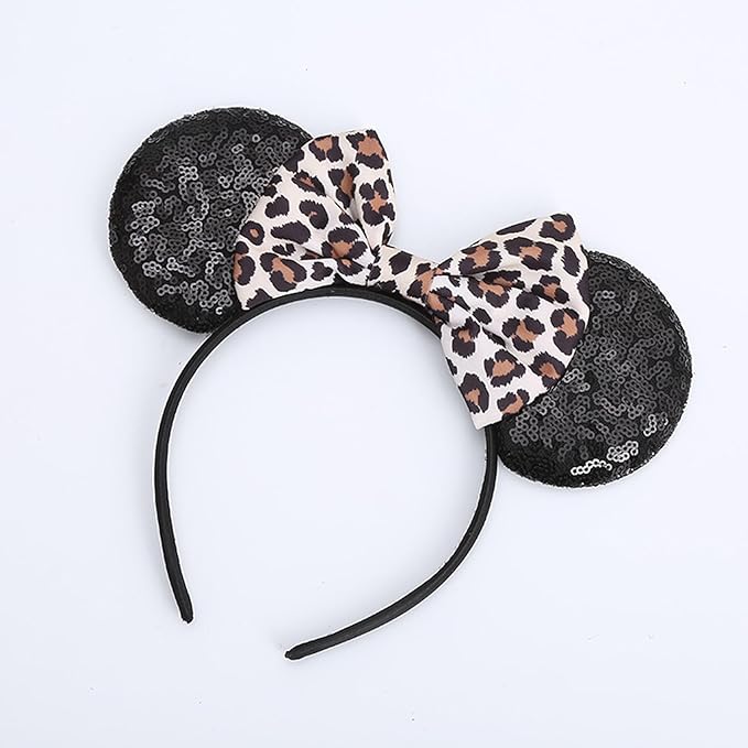 XINMEINNE Leopard Print Mouse Ears Headband,Sequin Mouse Ears Headbands for Women Adult,Birthday Party Princess Decoration