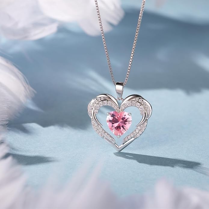 Jurikko Heart Necklaces Valentine's Gift for Women, Birthstone 925 Sterling Silver Angel Wings Love Pendant Necklaces for Women, Jewelry Gifts for Wife, Anniversary, Mother's day