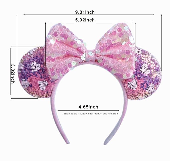 WW-WONDERFULWORLD Exquisite Big Ears Headbands with Bow & Shiny Sequins & Snowflake, for Cartoon Princess Costume Cosplay Glitter Party, Pink; 1MF
