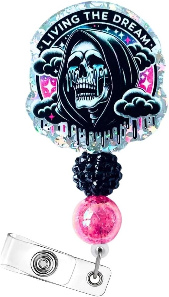 Living The Dream Funny Halloween Badge Reel Retractable ID Name Holder Clip Fun Spooky Ghost Skull Grim Reaper Radiology Skeleton Sarcastic ER Tech RN CNA MA Life Nurse Nursing Gifts Accessories