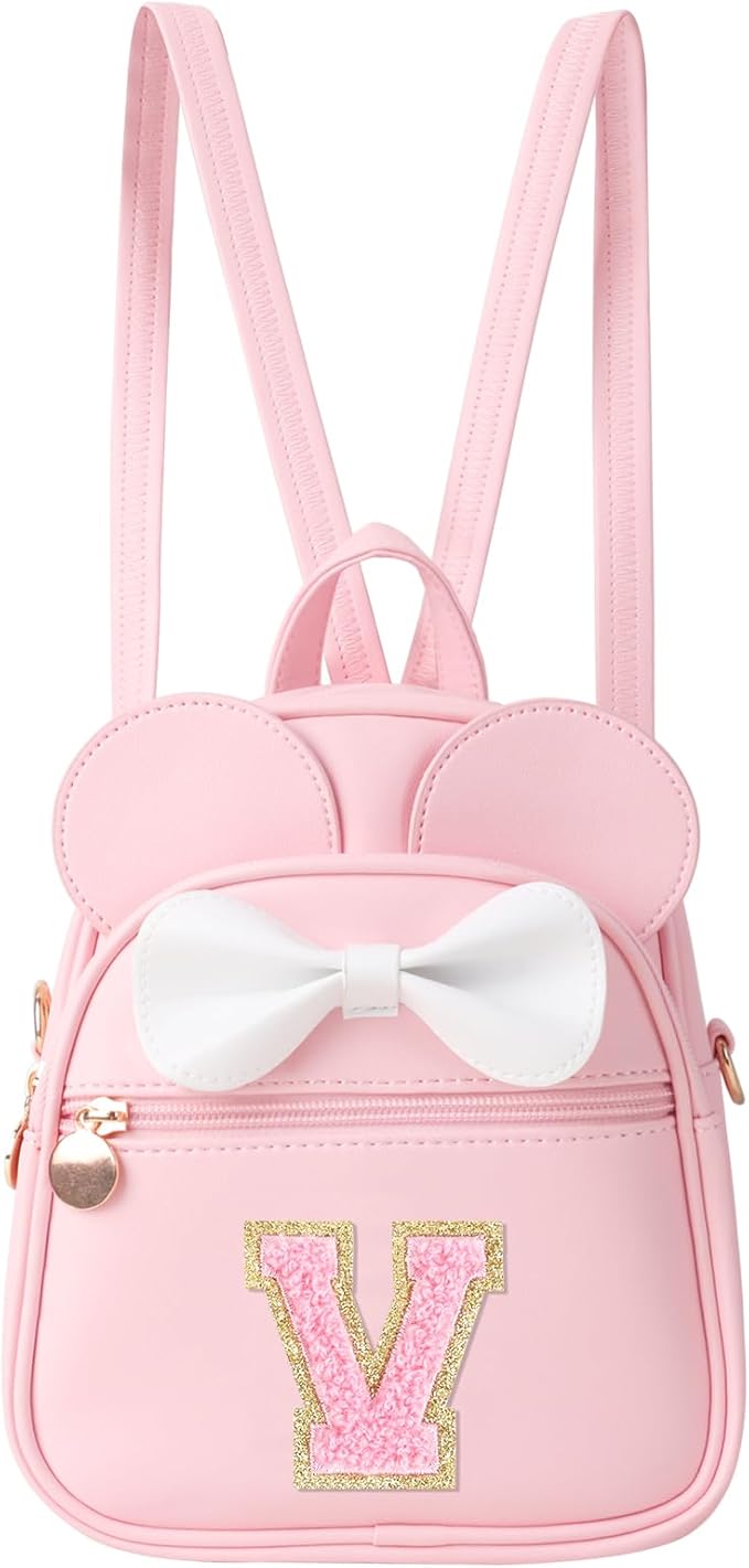 UIXIZQ Personalized Toddler Backpack for Girls 3–10, Cute Mini Bowknot Mouse-Ear Toddler Bookbag Crossbody Purse, Small Daypack Wallet Set, Initial Birthday Gift, Trendy Little Kids/Teen Bag(Pink,V)
