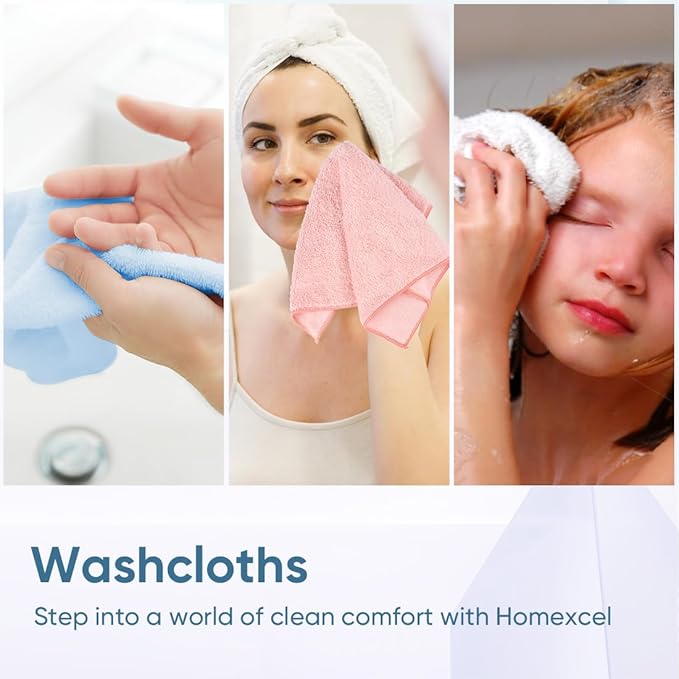 HOMEXCEL Microfiber Washcloths 50 Pack, Highly Absorbent and Soft Face Towel, Multi-Purpose Wash Cloths for Bathroom, Hotel, Spa, Gym, and Kitchen, 12x12 Inch
