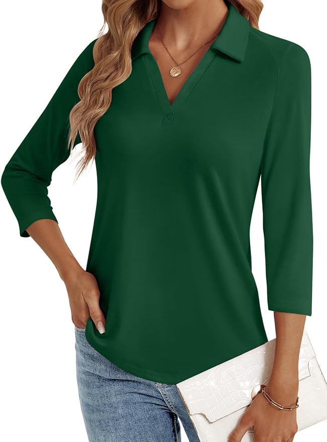 3/4 Length Sleeve Womens Tops Dressy Casual V Neck Polo Shirts Business Work Blouses 2025 Trendy Tunic Top