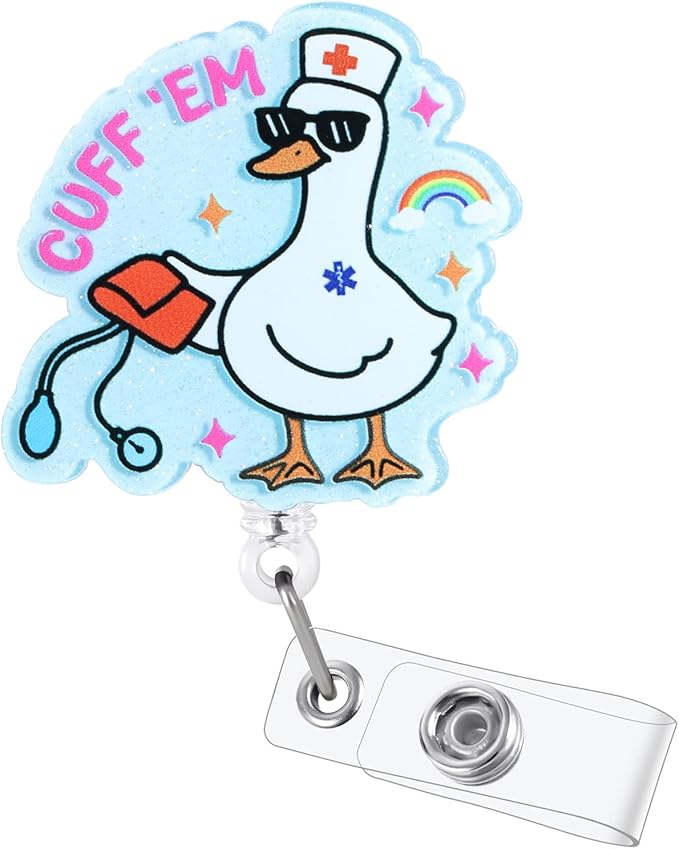 Cuff 'Em Funny Goose Nurse Badge Reel, Cute Medical Badge Holder with Retractable Clip, Name Tag Work Badge Buddy for RN LPN CNA MA Nursing Student Doctor, Nurse Gifts