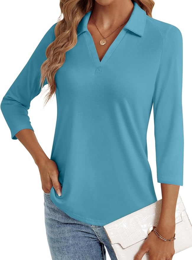 3/4 Length Sleeve Womens Tops Dressy Casual V Neck Polo Shirts Business Work Blouses 2025 Trendy Tunic Top