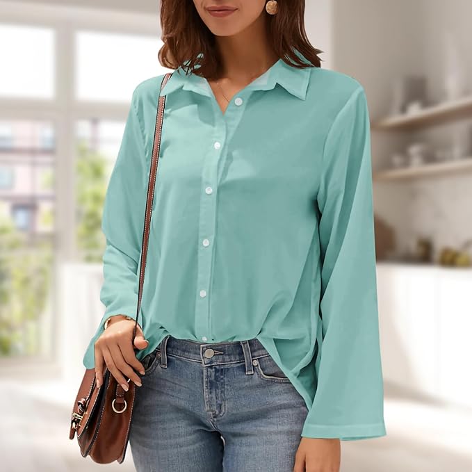 Womens Classic Shirts Casual Button Solid Color Long Sleeve Work Blouse Collared Relaxed Fit Summer Tops