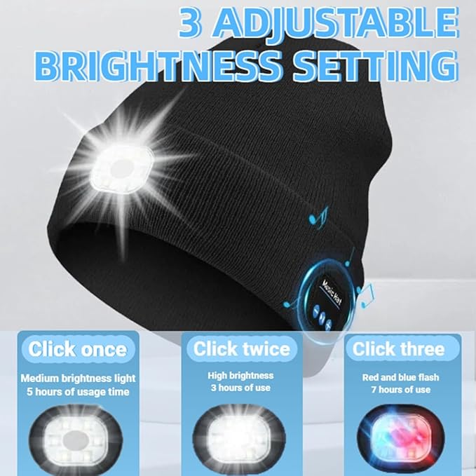 Bluetooth Beanie with LED Light & Removable Speakers, USB Rechargeable Bluetooth Beanie Hat with Light,for Men Husband Teen
