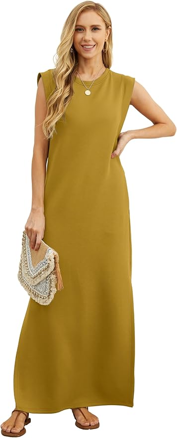 GRECERELLE 2026 Women Year-Round Casual Round Neck Loose Split Wrinkle-Free Long Maxi Vacation Dress with Pockets (XXS-4XL)