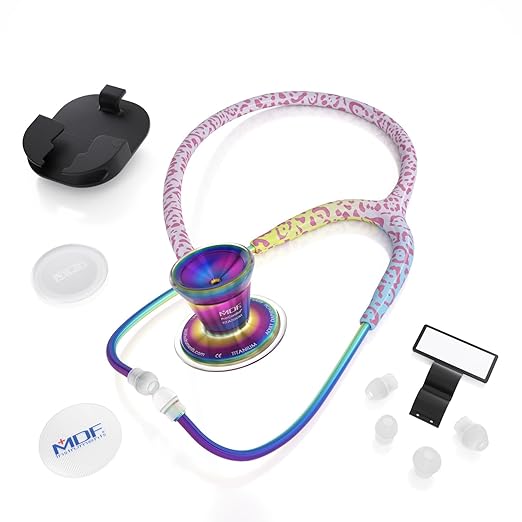 MDF Instruments Rainbow Leopard Kaleidoscope ProCardial Cardiology Stethoscope, Lightweight Titanium, Adult, Dual Head, Rainbow Leopard Tube, Kaleidoscope Chestpiece-Headset, MDF797TRLKL