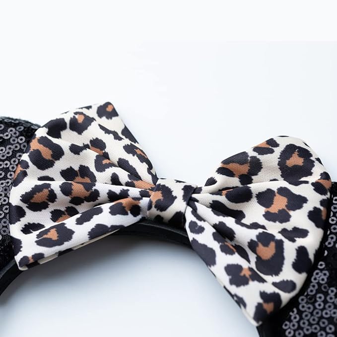 Foeran Mouse Ears Headbands Shiny Bows Mouse Ears Glitter Party Princess Decoration Cosplay Costume for Girls Women (Leopard print-1)