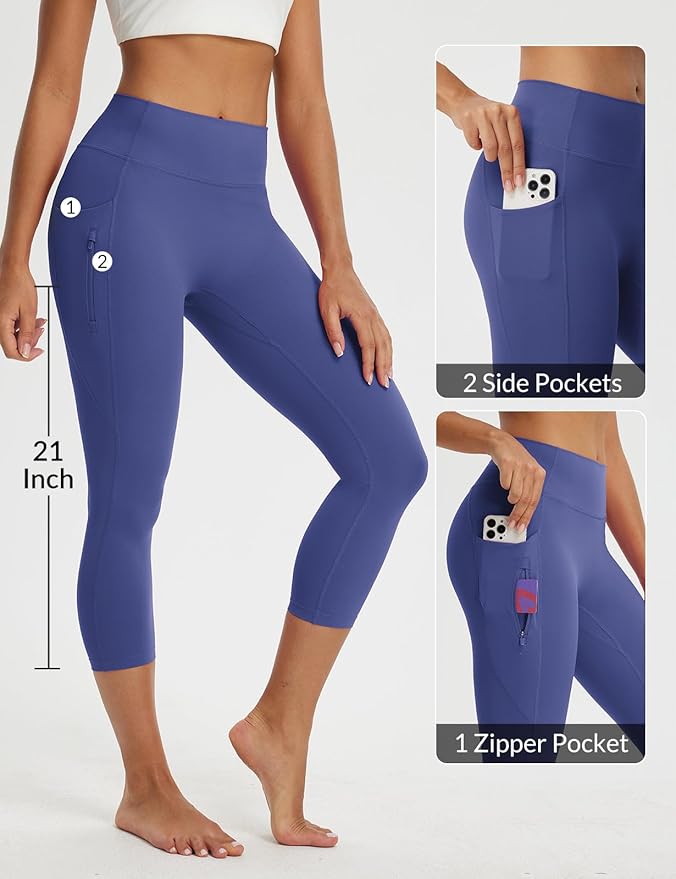 baleaf Women's Capri Leggings with 3 Pockets Tummy Control 21" Inseam Workout Capris Yoga Pants