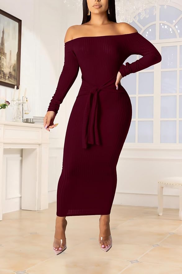 SheKiss Women's Off Shoulder Long Sleeves Bodycon Sweater Dress Sexy Knit Slim Cardigans