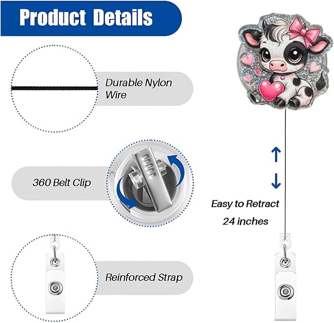 Valentines Badge Reel with Retractable Clip,Cute Pink Cow Badge Retractable ID Holder with Swivel Clip, Winter Badge Clip Work Accessories Gift for Nurses Animal Lovers Valentines Gifts