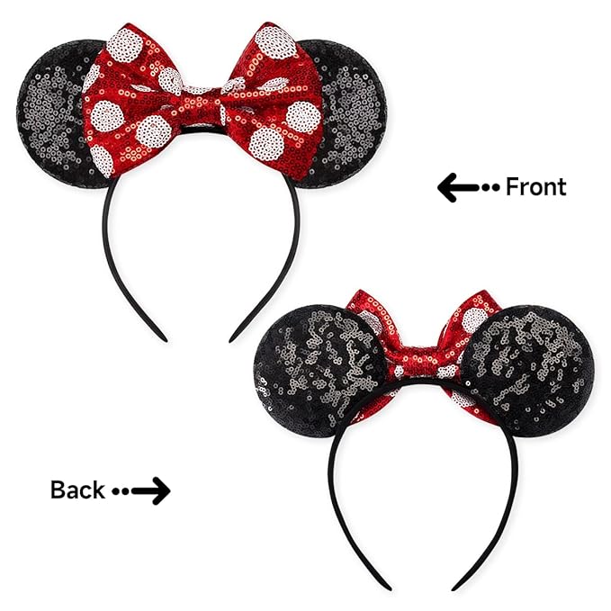 RAZKO Sequin Mouse Ears Headband, Red Polka dot Mice Ears Hairband Princess Headband for Women Girls Hair Accessories (Polka dot)
