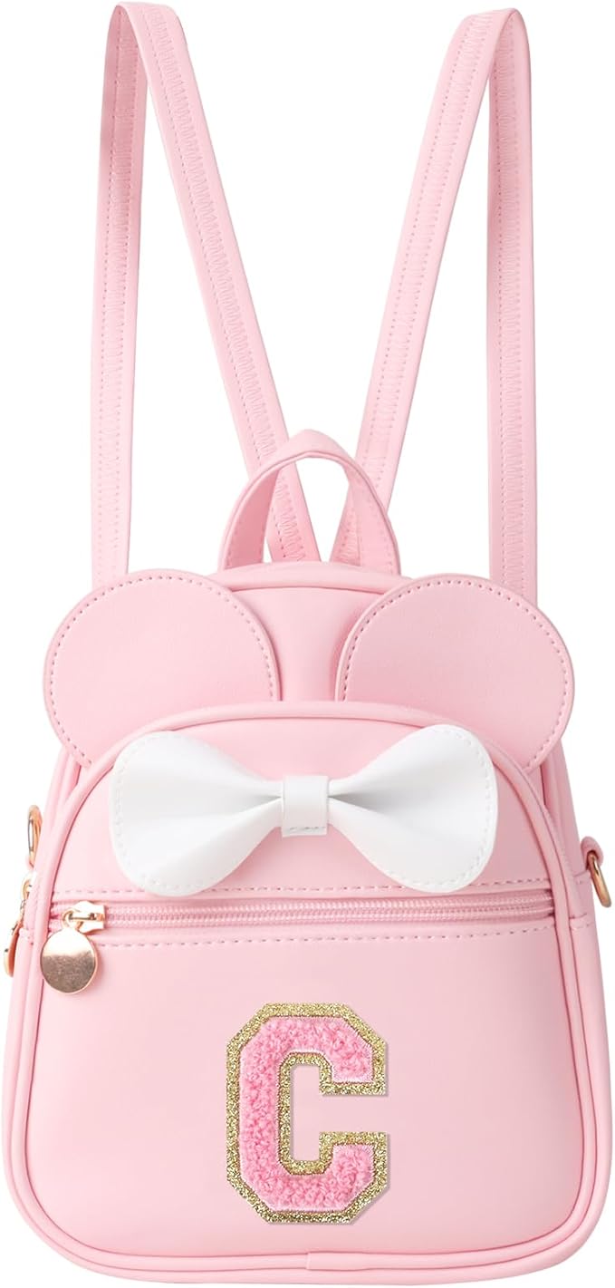 UIXIZQ Personalized Toddler Backpack for Girls 3–10, Cute Mini Bowknot Mouse-Ear Toddler Bookbag Crossbody Purse, Small Daypack Wallet Set, Initial Birthday Gift, Trendy Little Kids/Teen Bag(Pink,C)