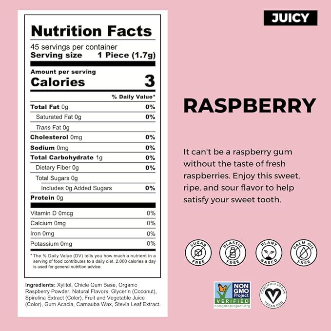 Refresh Gum, Sugar Free, Natural, Xylitol, Long Lasting Chewing Gum, Natural Flavors, Organic Ingredients, Plastic Free, Non GMO, Gluten Free, Vegan (12 Count (Pack of 12), Raspberry)