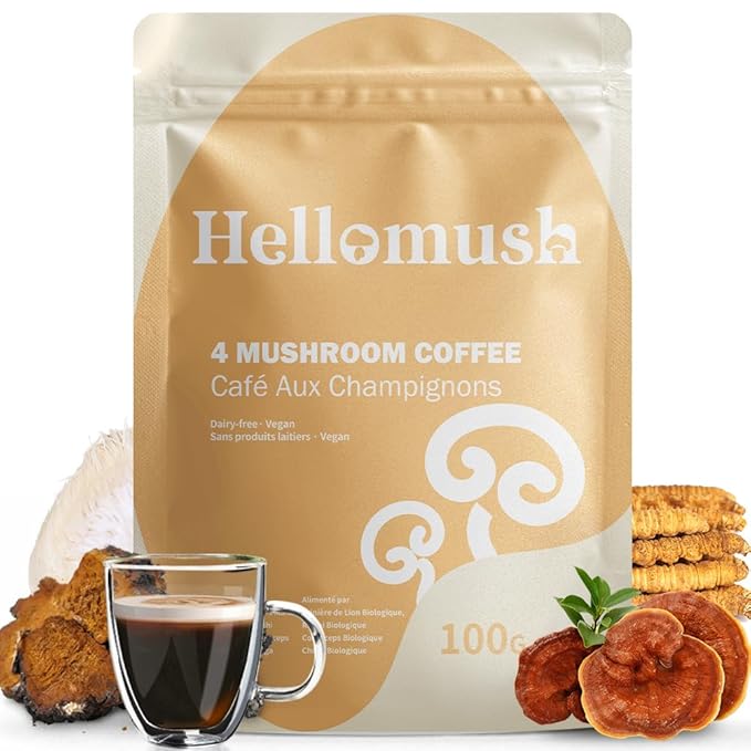 Hellomush Organic Instant Mushroom Coffee with Lions Mane, Reishi, Chaga and Cordyceps Coffee, Adaptogen Drink for Greater Energy, More Focus, Better Digestion, and Gut Support 30 Servings 3.7 oz