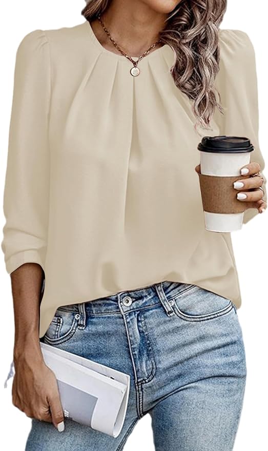 Samefar Womens Tops Dressy Casual Pleated Crew Neck Long Sleeve Shirts Office Work Chiffon Blouses