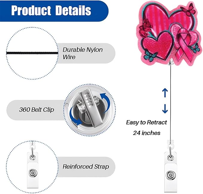 Valentine's Badge Reel Heart Badge Reels Retractable Glossy Acrylic Retractable Badge Holder with 360 Rotating Clip Bowknot Heart Badge Clip Valentines ID Badge Holder for Techer Nurse Doctor