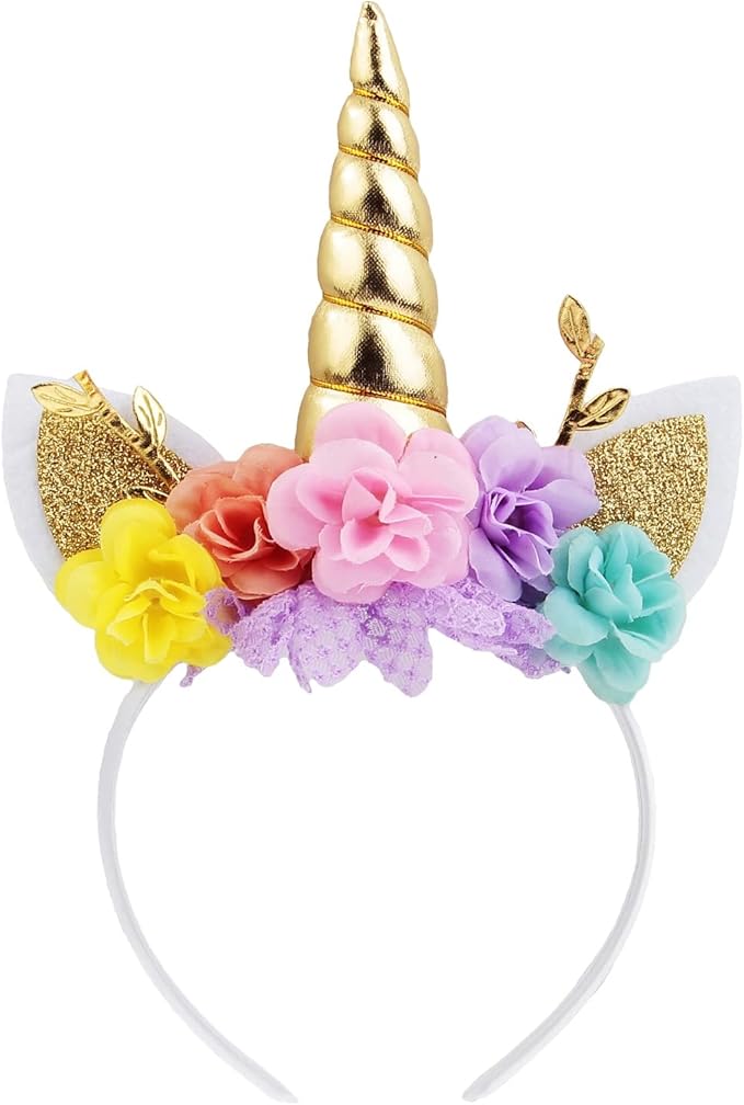 Nishine Unicorn Horn Floral Headband Glitter Ears Pony Head Bands Tiara for Girls Party Birthday Cosplay