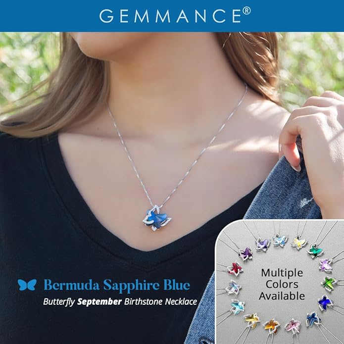 GEMMANCE Gift Butterfly Birthstone Crystal Necklace, Silver Tone with 18”+2” Chain, Necklace for Mother’s Day Anniversary Birthday Gifts for Women and Daughter, Valentine's Day
