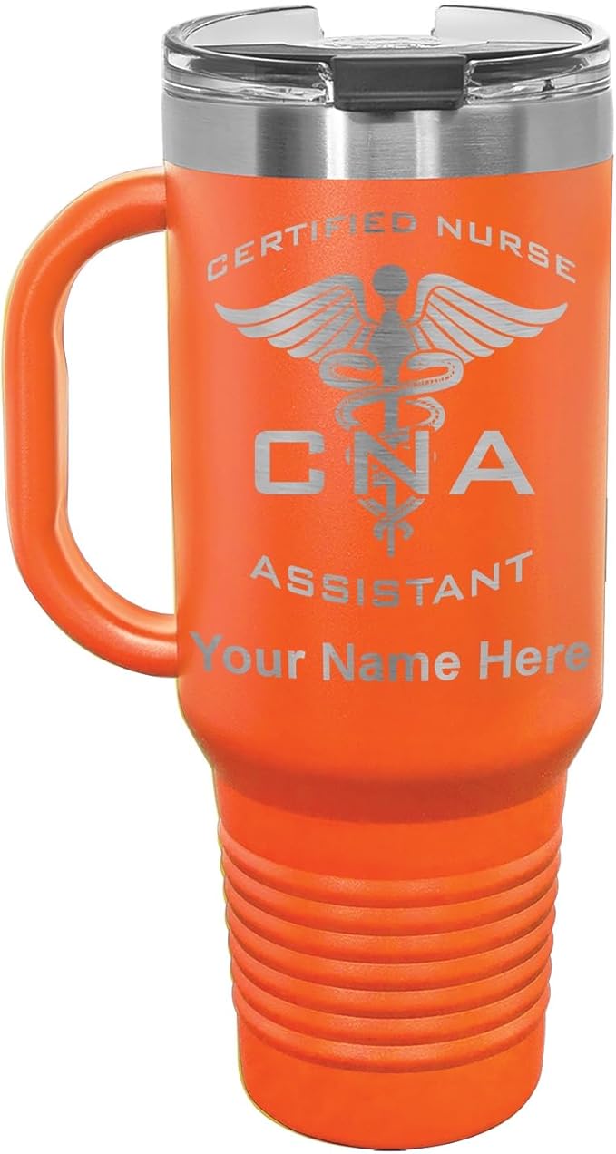 LaserGram 40oz Vacuum Insulated Travel Mug with Handle, CNA Certified Nurse Assistant, Personalized Engraving Included (Orange)