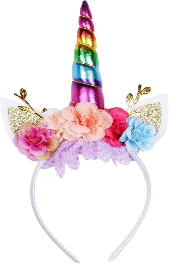 Nishine Unicorn Horn Floral Headband Glitter Ears Pony Head Bands Tiara for Girls Party Birthday Cosplay