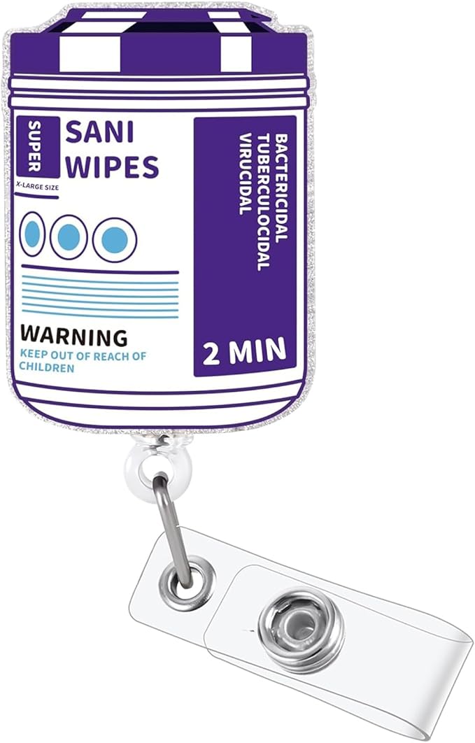 Sani Wipes Funny Badge Reel, Cute Nurse Doctor Work Badge Holder with Retractable Clip, Nursing Student RN CNA LPN MA Medical Worker ID Name Badge Buddy, Fun Healthcare Badge Accessories
