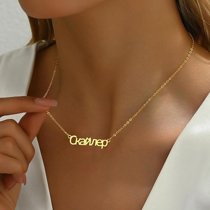 Unisota Personalized Name Necklace in 9 Diferent Languages Custom English Chinese Arabic Greek Hebrew Japanese Korean Russian Hindi Name Pendant Necklace Jewelry Gifts for Women Wife Mom