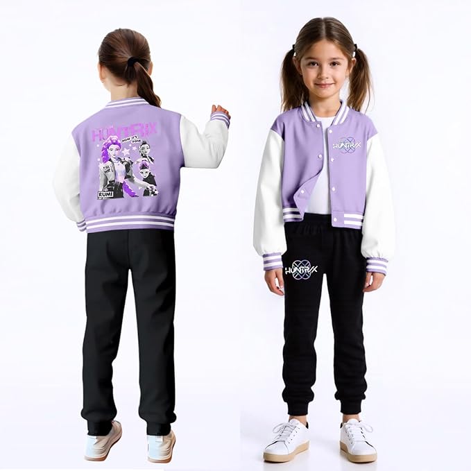 K PopGirls Kpop Tracksuit Cute Cartoon Print Baseball Coats Fashion Long Sleeve Jackets and Pants Christmas Costume Set