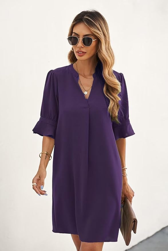 QACOHU Summer Dresses for Women V Neck Ruffle Short Sleeve Casual Shift Dress