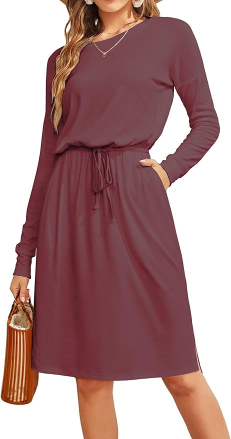 Simier Fariry Womens Spring Hide Belly Knee Length Travel Dress Pocket Summer Short Sleeve Midi Work Casual Outfits