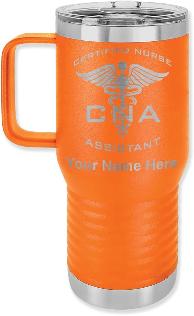 LaserGram 20oz Vacuum Insulated Travel Mug with Handle, CNA Certified Nurse Assistant, Personalized Engraving Included (Orange)