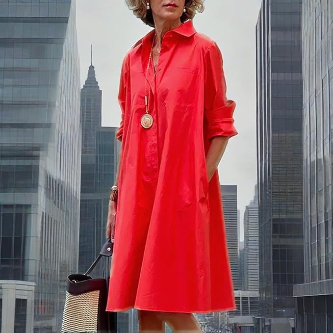 Womens 2025 Long Sleeve Button Down Shirt Summer Dress Casual V Neck Loose Fit Midi Shirt Dresses with Pockets