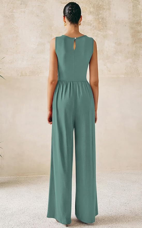 PRETTYGARDEN One Piece Jumpsuits for Women Dressy Casual Sleeveless Crewneck Wide Leg Rompers Jumpers Vacation Summer Outfits