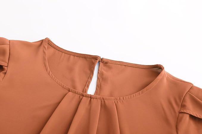 TASAMO Women's Casual Round Neck Basic Pleated Top Cap Sleeve Curved Keyhole Back Chiffon Blouse
