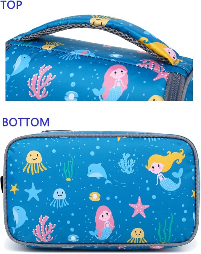 FlowFly Double Decker Cooler Insulated Lunch Bag Large Tote for Boys, Girls, Men, Women, With Adjustable Strap (Blue-Mermaid)