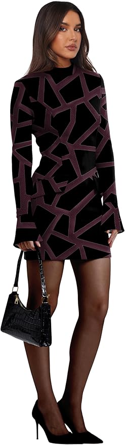 OFEEFAN Women's Fall Long Sleeve Mock Neck Dress Basic Party Club Bodycon Mini Dresses