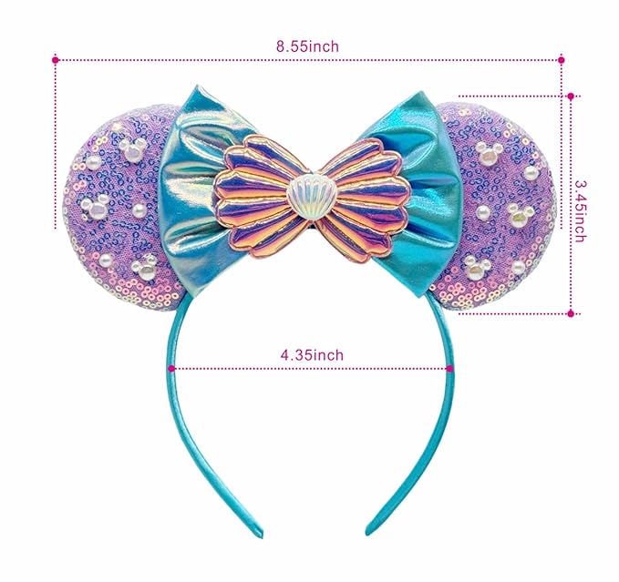 WW-WONDERFULWORLD Purple Mermaid Mouse Ears Headbands With Shiny Sequins & Shell & Pearl Exquisite Decoration, for Costume Cosplay Glitter Party; BK-Z