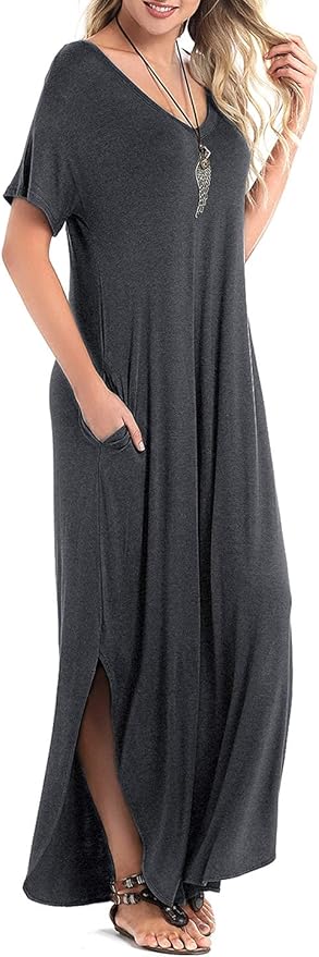 Arolina Women's Summer Maxi Dress Short Sleeve V Neck Casual Loose Long Beach Split Dresses with Pockets