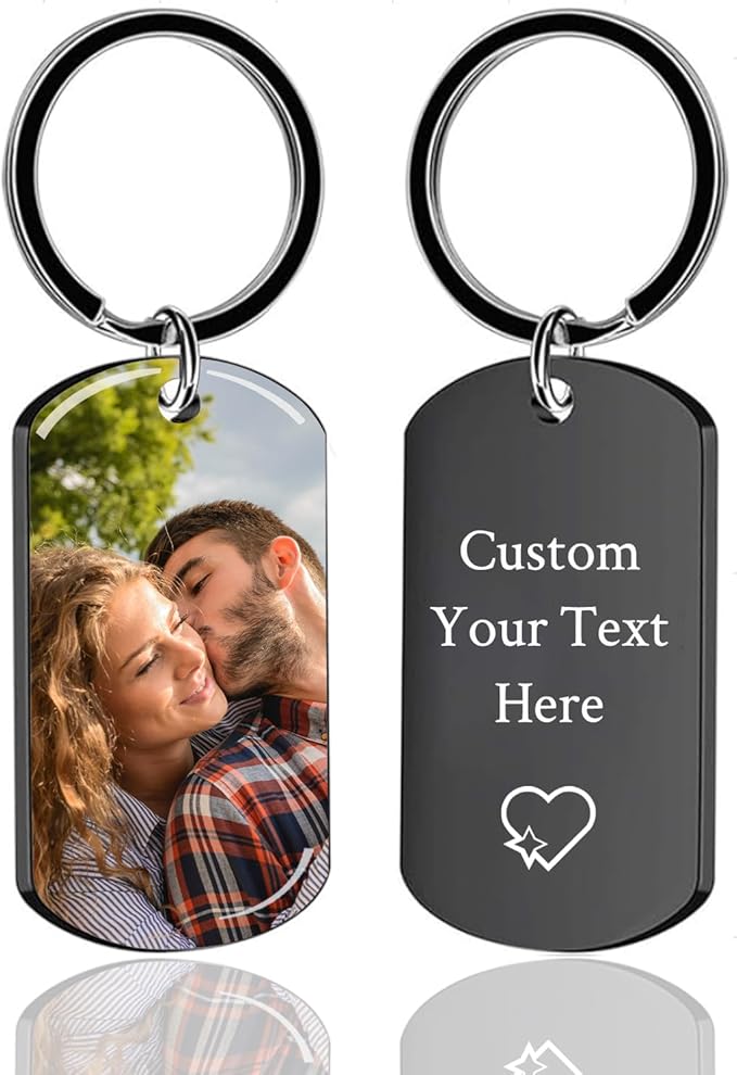 RSQGT Personalized Custom Keychain with Picture - Double Sided Engraving Photo Text Customized Key Chains for Men Boyfriend