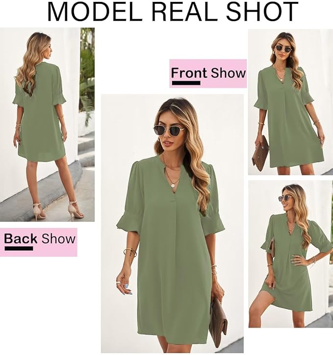Wkior Shift Dress for Women V Neck Short Sleeves Solid Color Casual Flowy Summer Dresses(S-2XL)