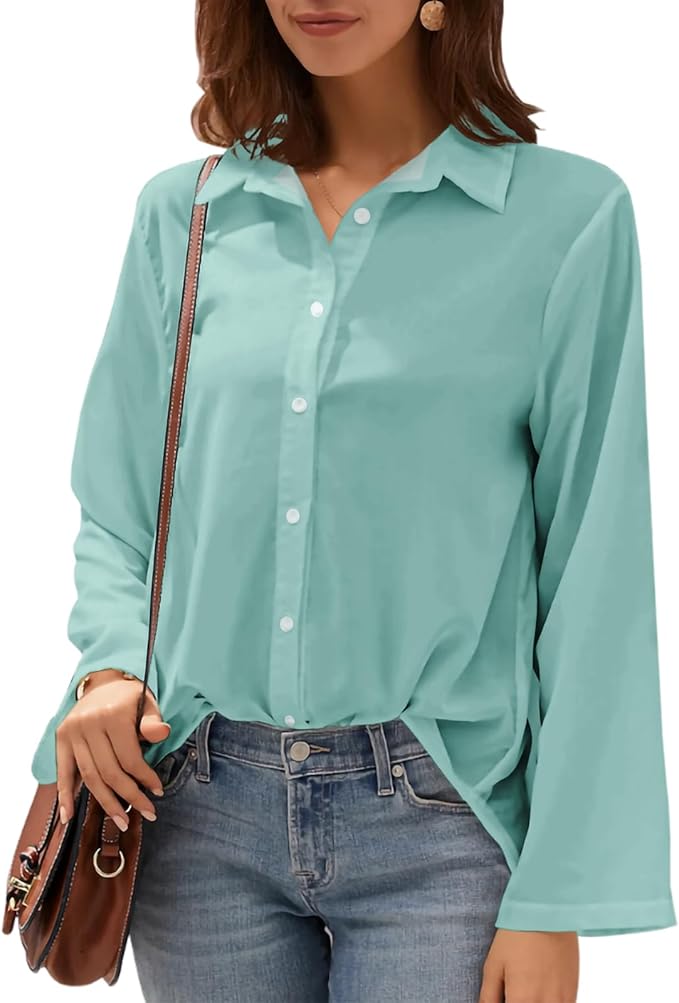 Womens Classic Shirts Casual Button Solid Color Long Sleeve Work Blouse Collared Relaxed Fit Summer Tops