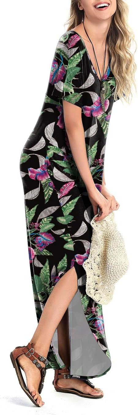 Arolina Women's Summer Maxi Dress Short Sleeve V Neck Casual Loose Long Beach Split Dresses with Pockets