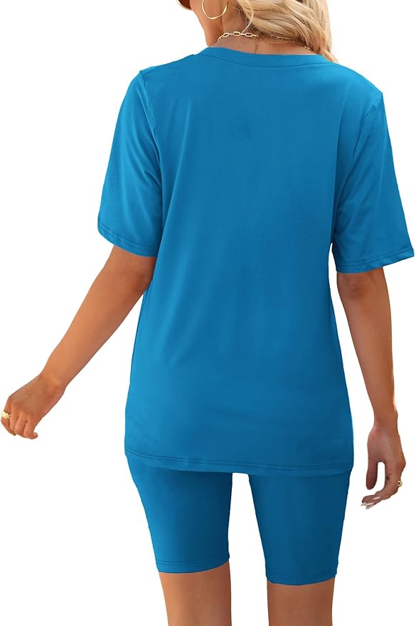 AGSEEM Two Piece Outfits For Women Summer V Neck T-Shirt Tops Biker Shorts Workout Sports Tracksuit