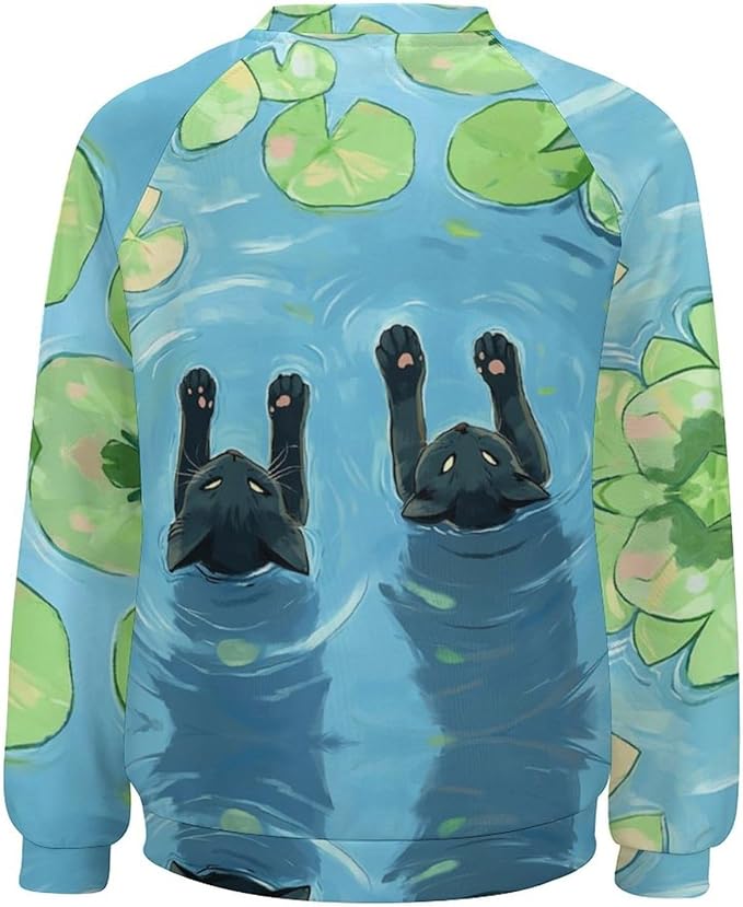Spatofa Womens novelty funny cat printed crewneck sweatshirt casual loose long sleeve graphic pullover sweatshirts tops