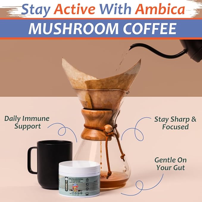 Ambica Instant Mushroom Coffee Ground, USDA Organic With Ten Mushroom Coffee with Lion’s Mane, Reishi, Cordyceps & Chaga for Immnue Support & Gut Health, Better Energy & Focus 24 Servings, 4.23 Oz