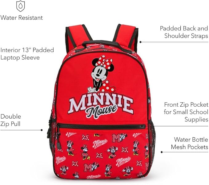 Disney Store Official Minnie Mouse Collegiate Backpack - Kids Backpack with Embroidered Accents, Adjustable Straps, Zip Compartments & Mesh Pockets, Screen Art Featuring Minnie Mouse